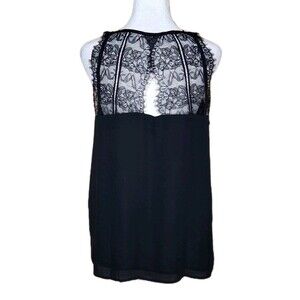 Loft Black Eyelash Lace Back V-Neck Camisole Top Medium Romantic Dark Academia